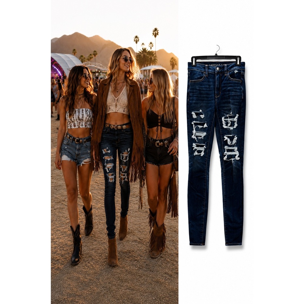 American Eagle Hi-Rise Jegging Dark Wash Distressed Skinny Jeans Size 2 Long